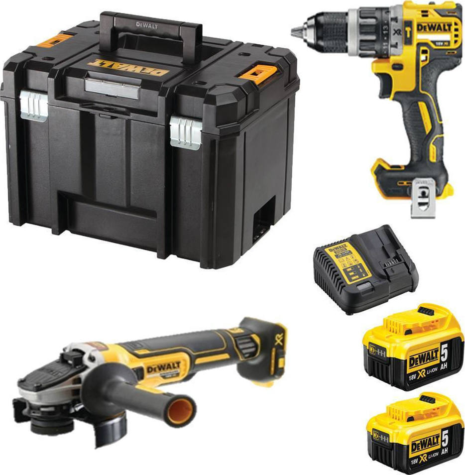 Dewalt 18V Angle Grinder & Impact Drill Set with 2x5Ah Batteries and Case DCK2080P2T