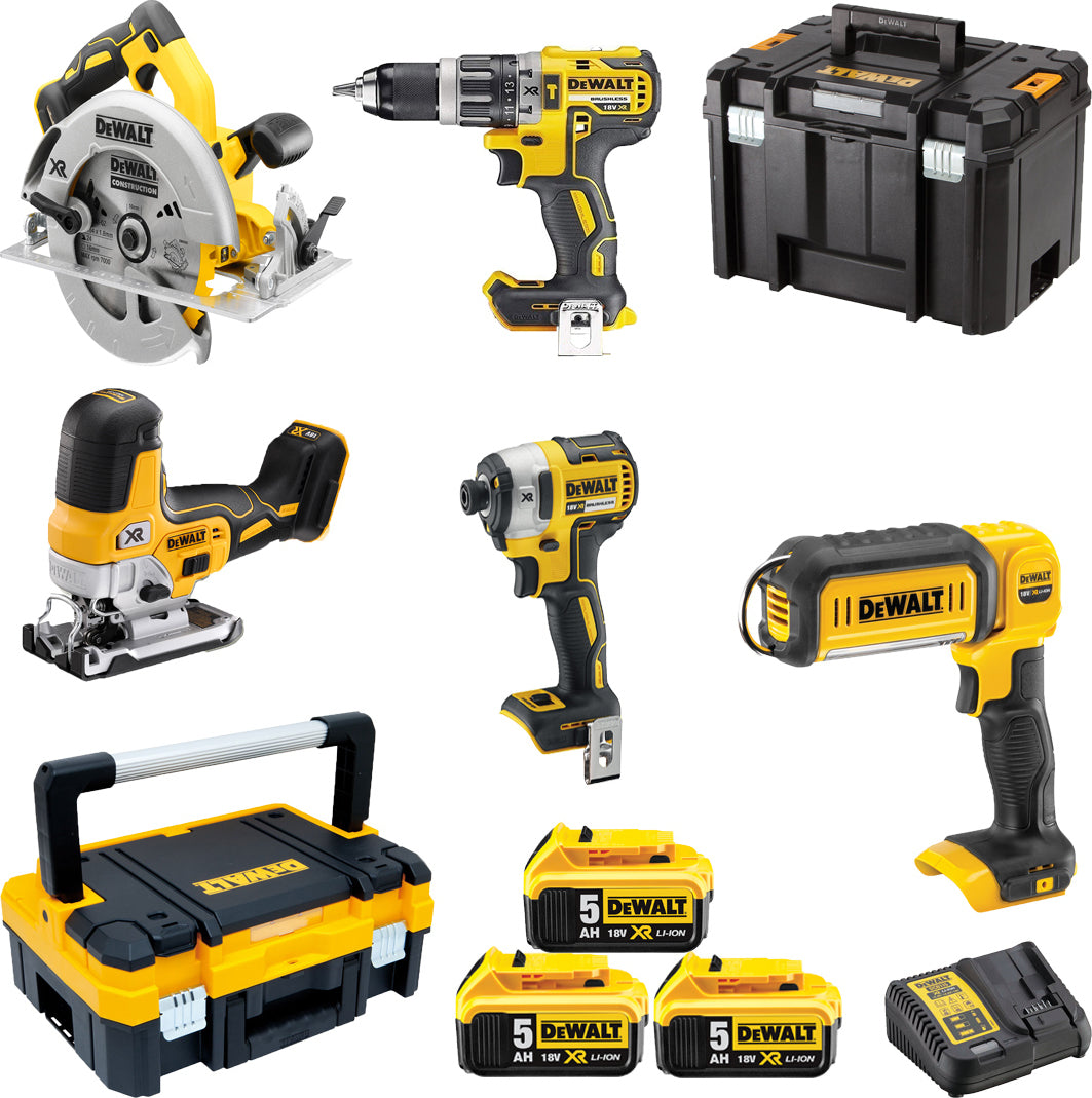 Dewalt Circular Saw & Drill Driver & Impact Driver & Saw & Torch 18V Set with 3x5Ah Batteries and Case DCK500P3T