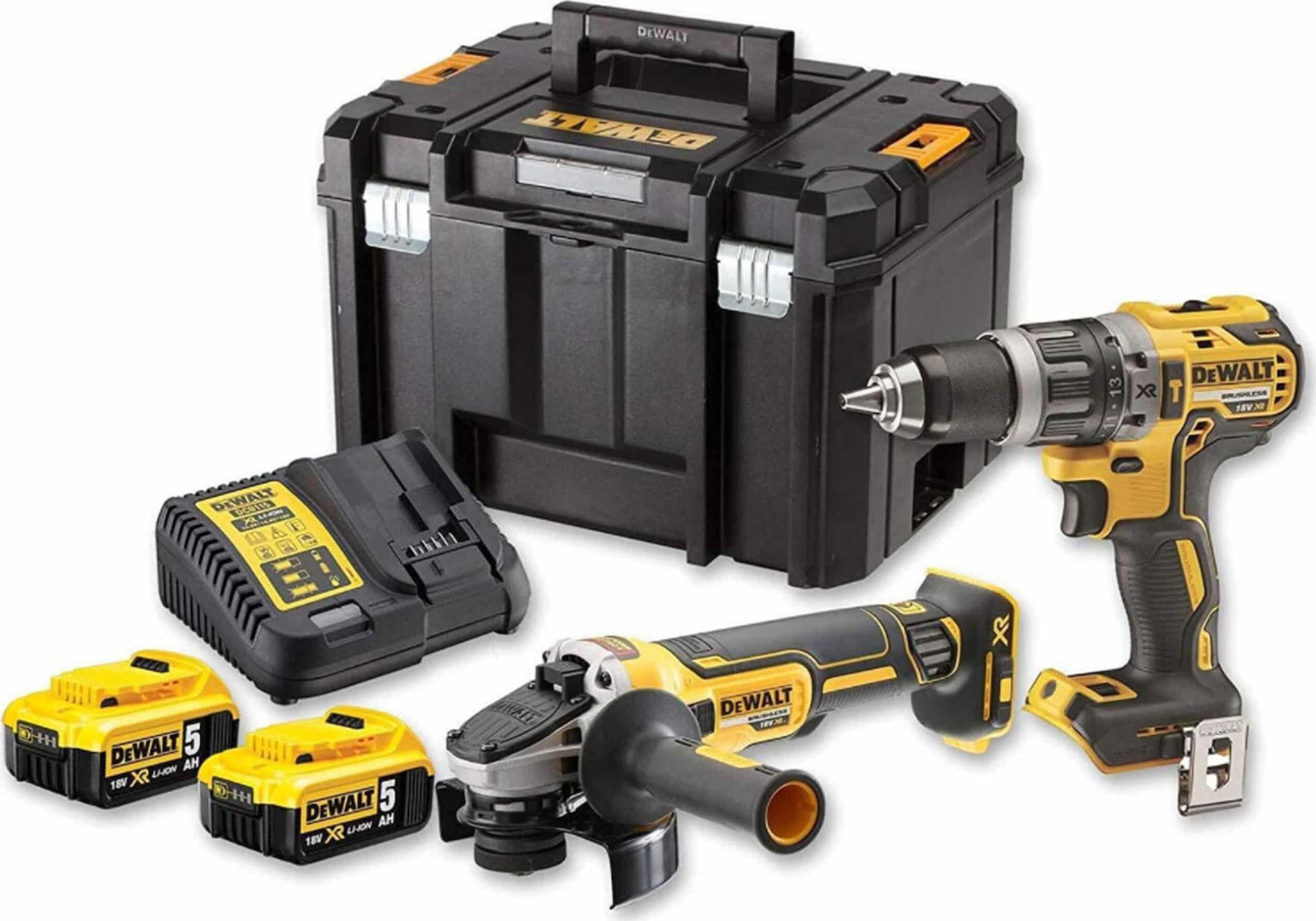 Dewalt 18V Angle Grinder & Impact Drill Set with 2x5Ah Batteries and Case DCK2080P2T