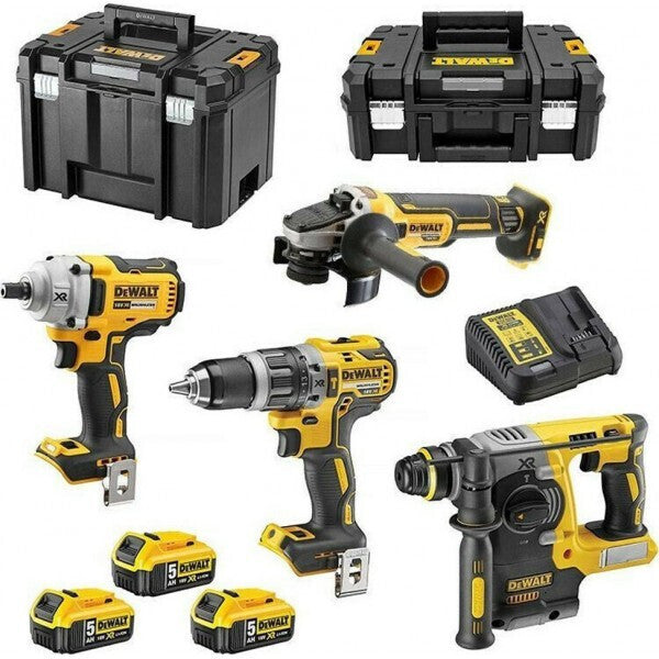Dewalt 18V Angle Grinder & Impact Drill & Wrench & Gun Set with 3x5Ah Batteries and Case DCK422P3T