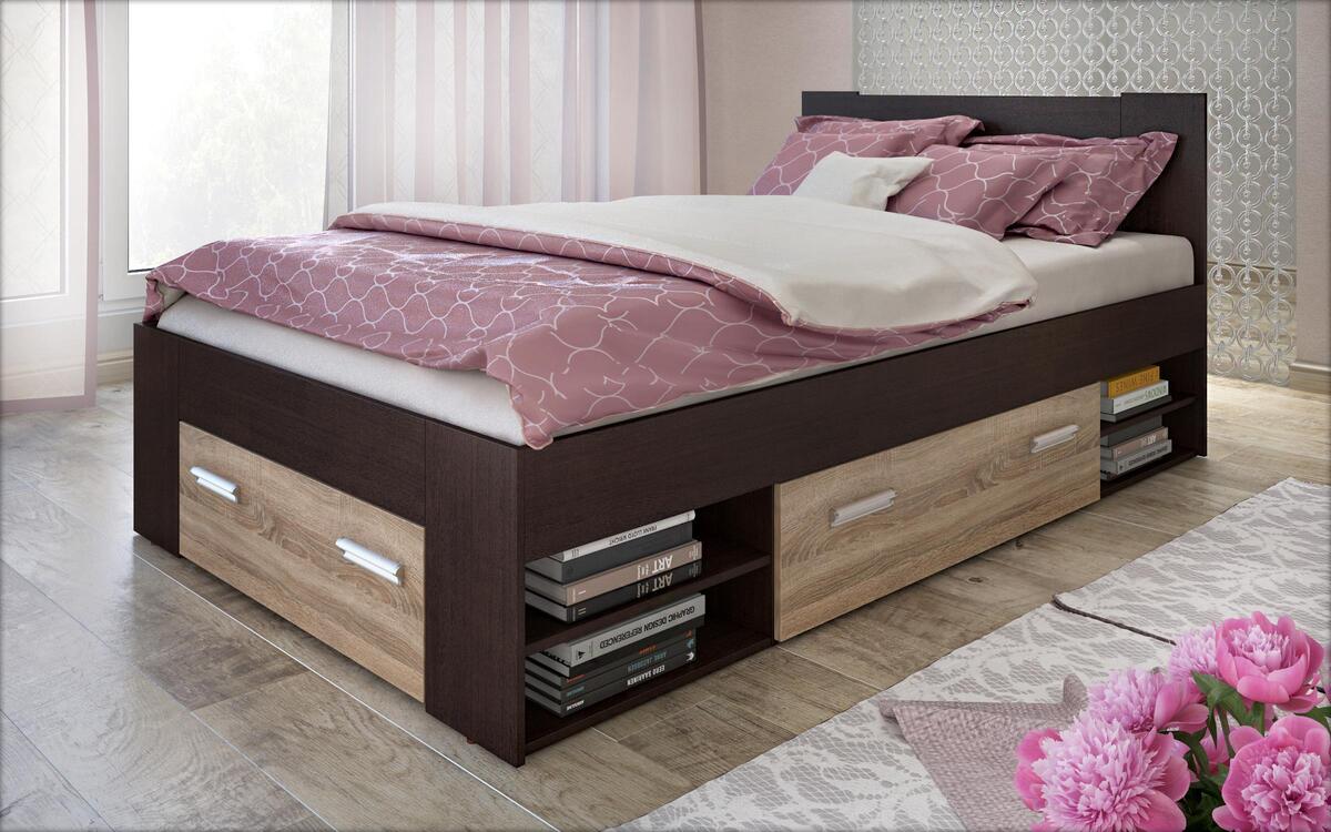 Semi double bed + drawers Lucas 120x200 oak sonoma + white glossy