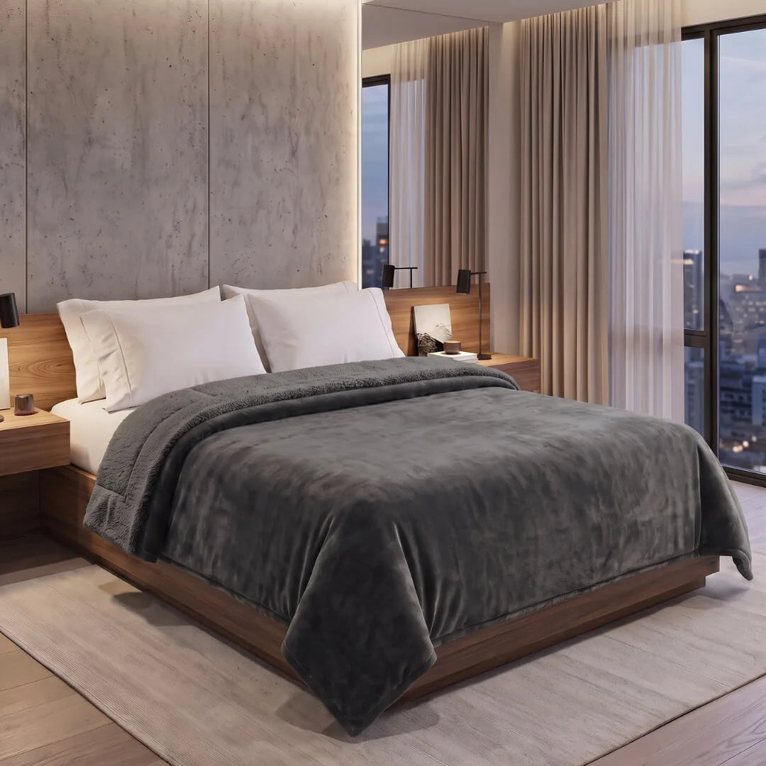 1+1 Free Double Blanket Flannel Sherpa 220x240 Dark Grey KP101