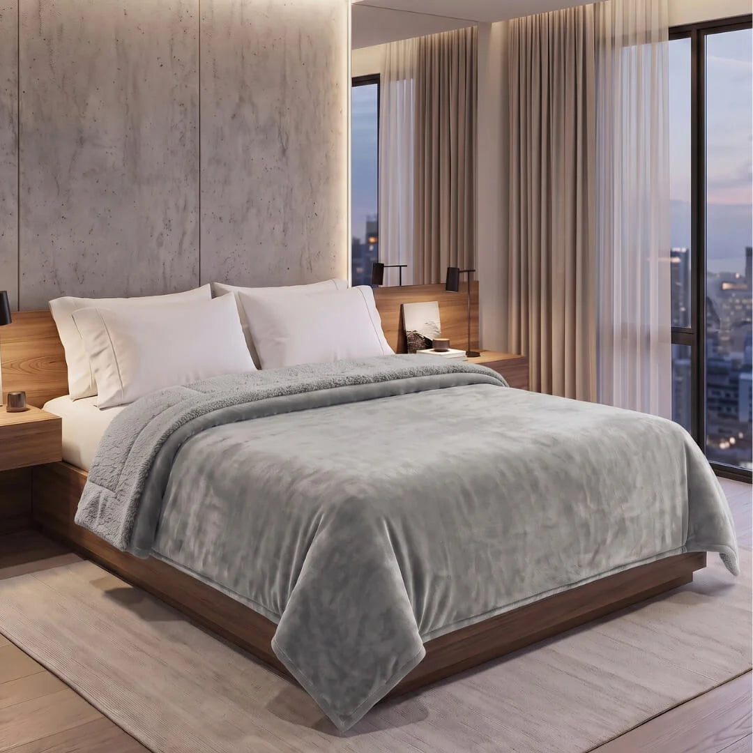1+1 Free Double Blanket Flannel Sherpa 220x240 Grey KP110