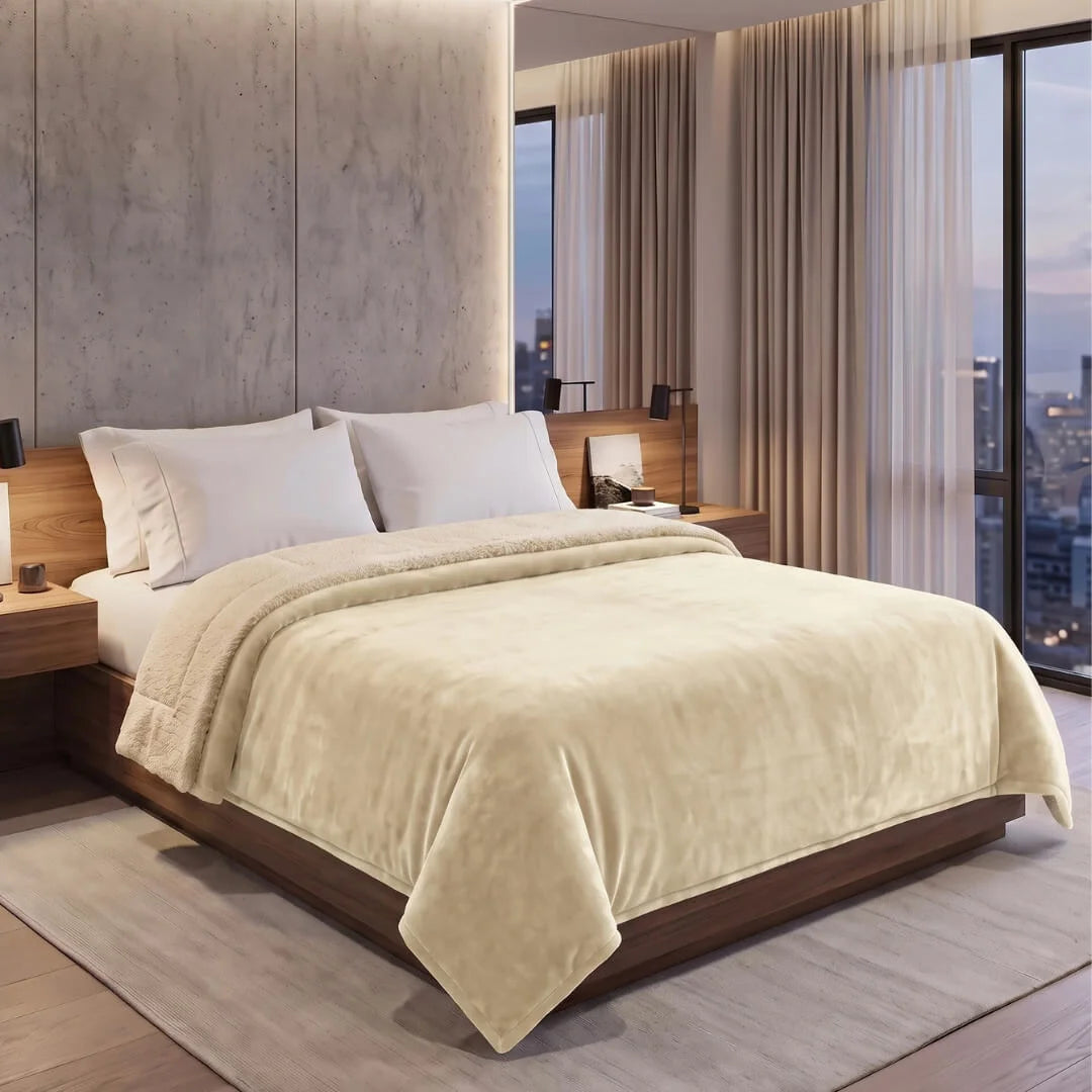 1+1 Free Double Blanket Flannel Sherpa 220x240 Ivory KP113