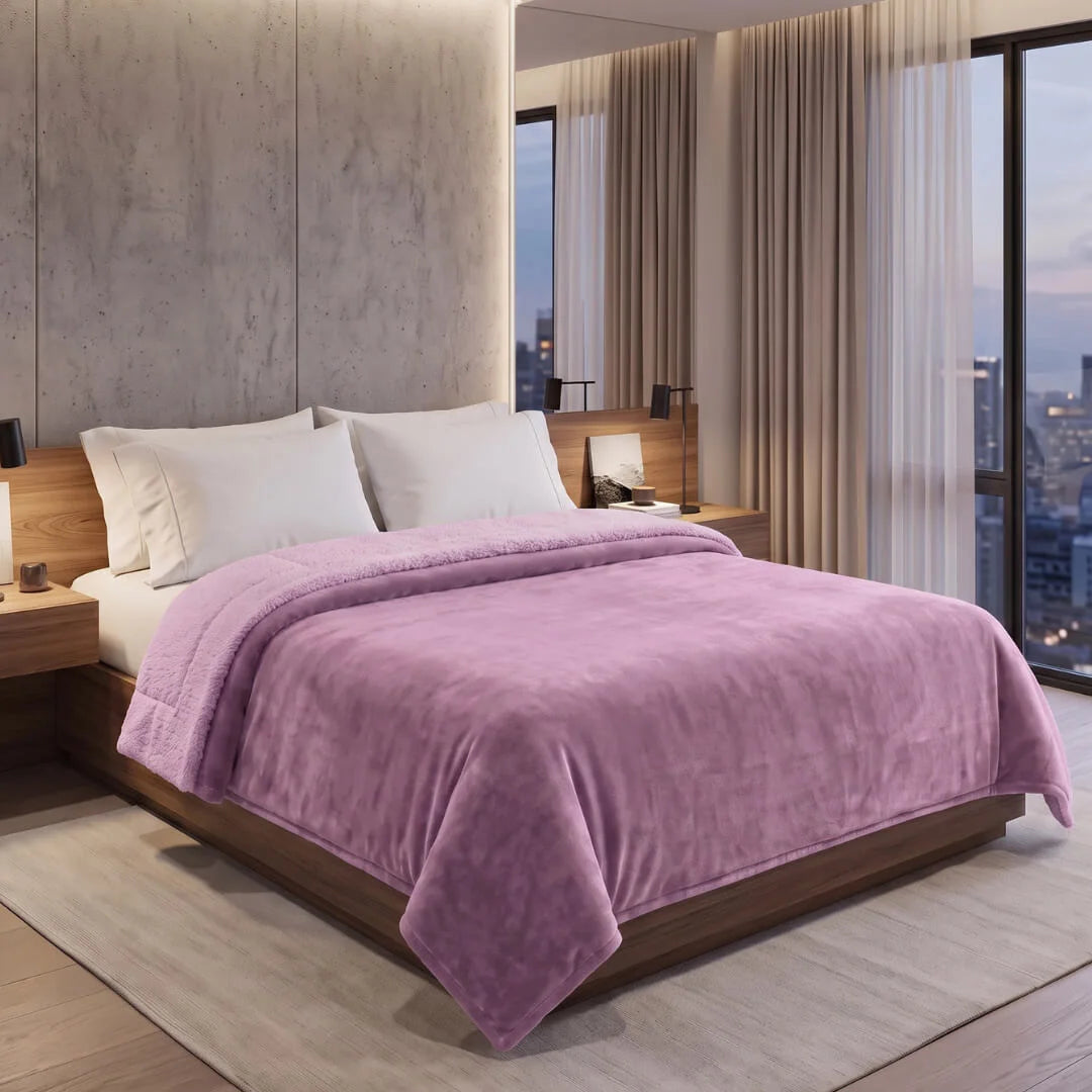 1+1 Free Double Blanket Flannel Sherpa 220x240 Light Purple KP115