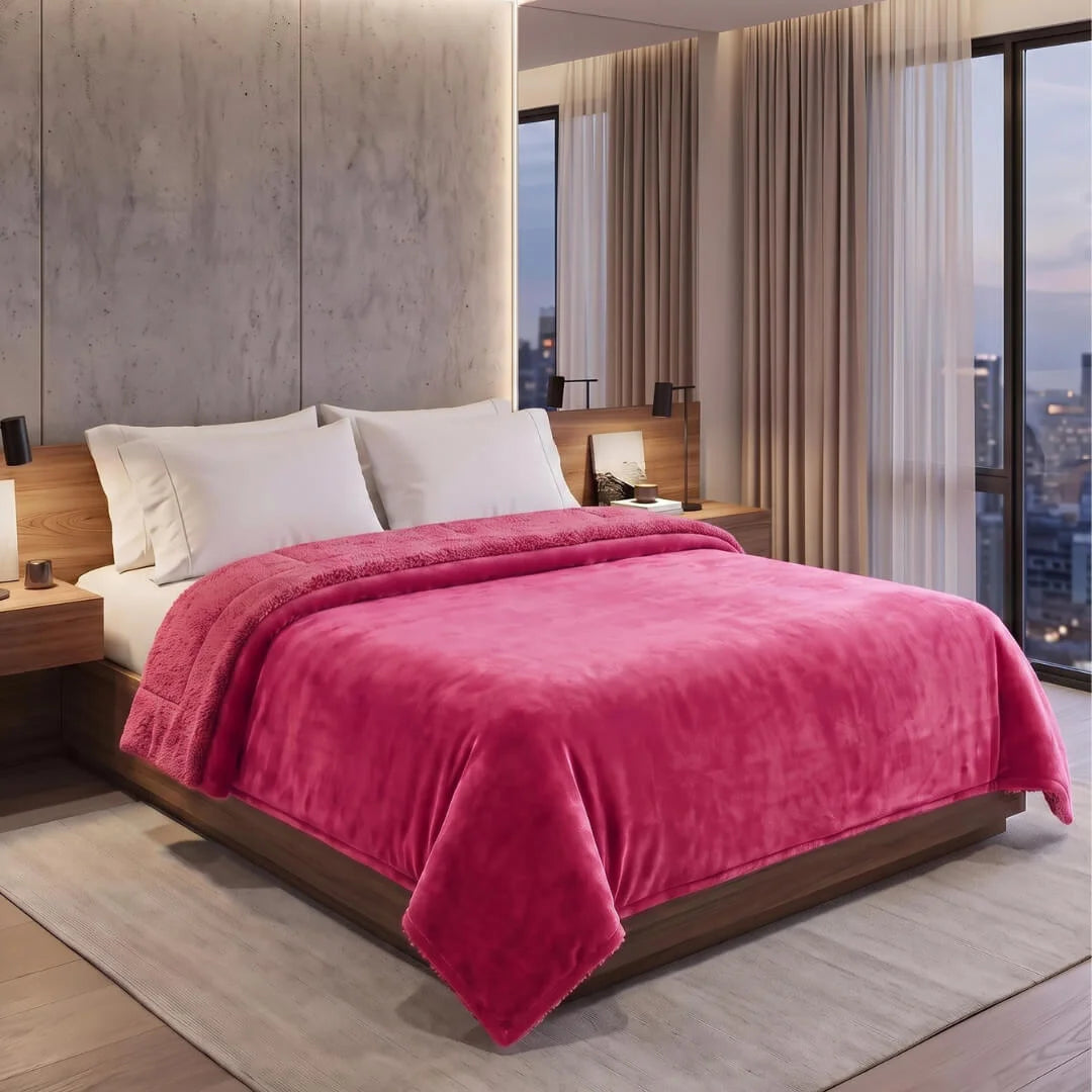 1+1 Free Double Blanket Flannel Sherpa 220x240 Pink KP109