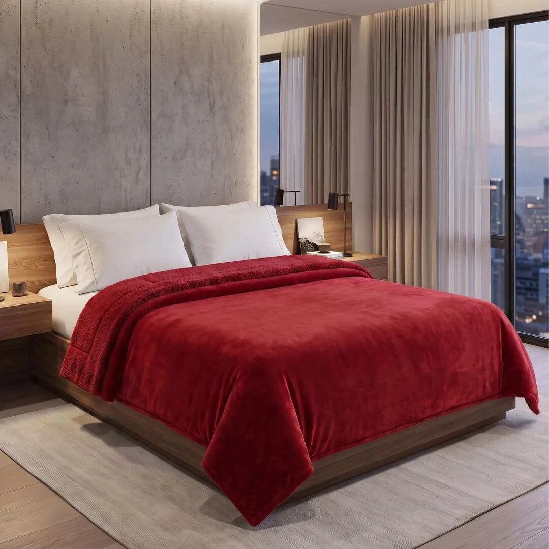 1+1 Free Double Blanket Flannel Sherpa 220x240 Bordeaux KP107
