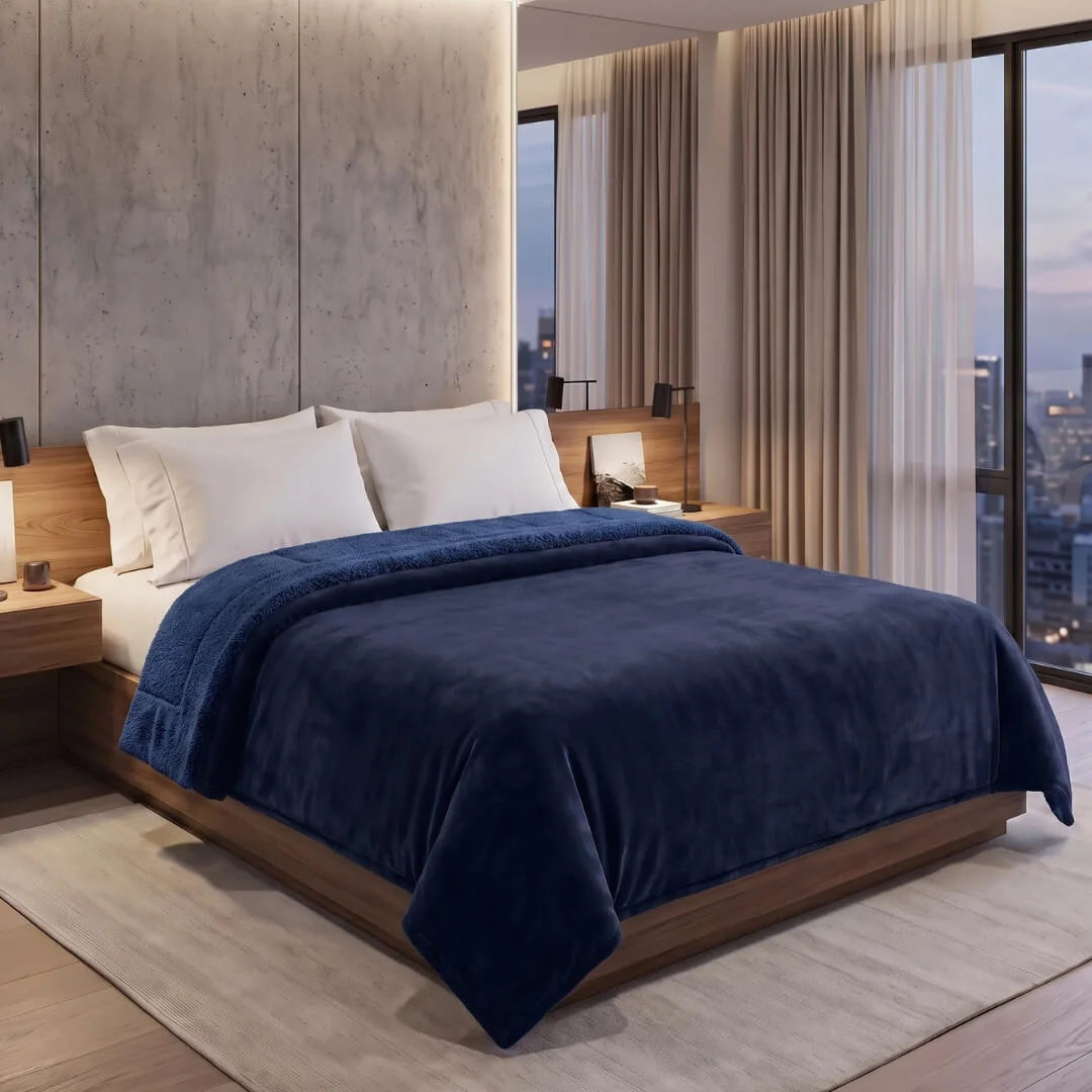 1+1 Free Double Blanket Flannel Sherpa 220x240 Dark Blue KP114