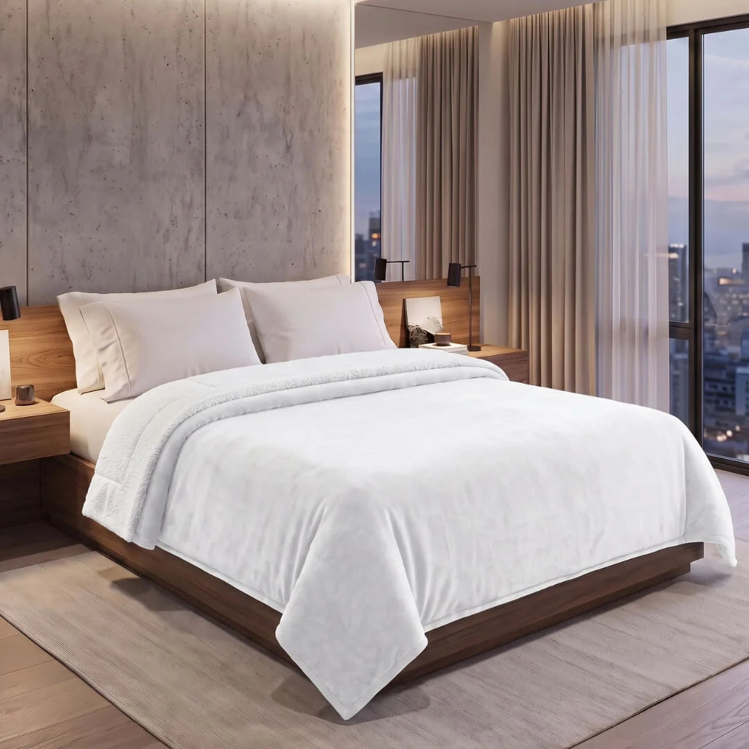 1+1 Free Double Blanket Flannel Sherpa 220x240 White KP119