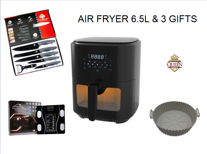 QUEEN AIR FRYER 6.5 L LIMITED EDITION & 3 GIFTS: SILICONE PAN- SET OF 6 QUEEN KNIVES - LIPOMETER SCALE 001-002545