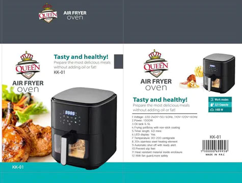 QUEEN AIR FRYER 6.5 L LIMITED EDITION & 3 GIFTS: SILICONE PAN- SET OF 6 QUEEN KNIVES - LIPOMETER SCALE 001-002545
