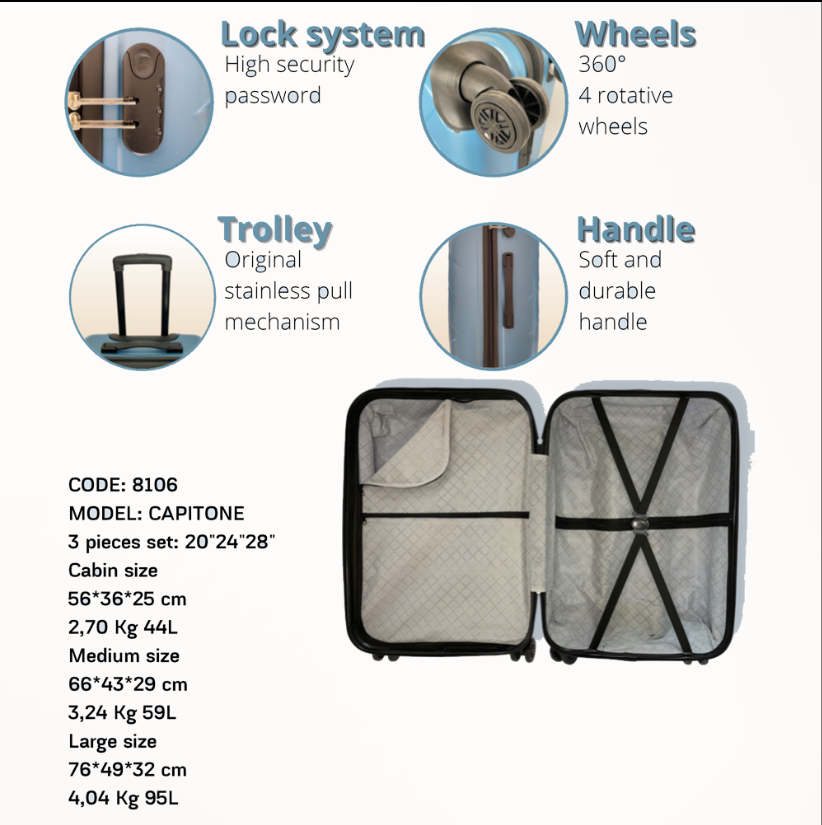 Set of Travel Suitcases 3 pieces and dimension 76*49*32cm ABS CAPITONE3TSSV VIZON