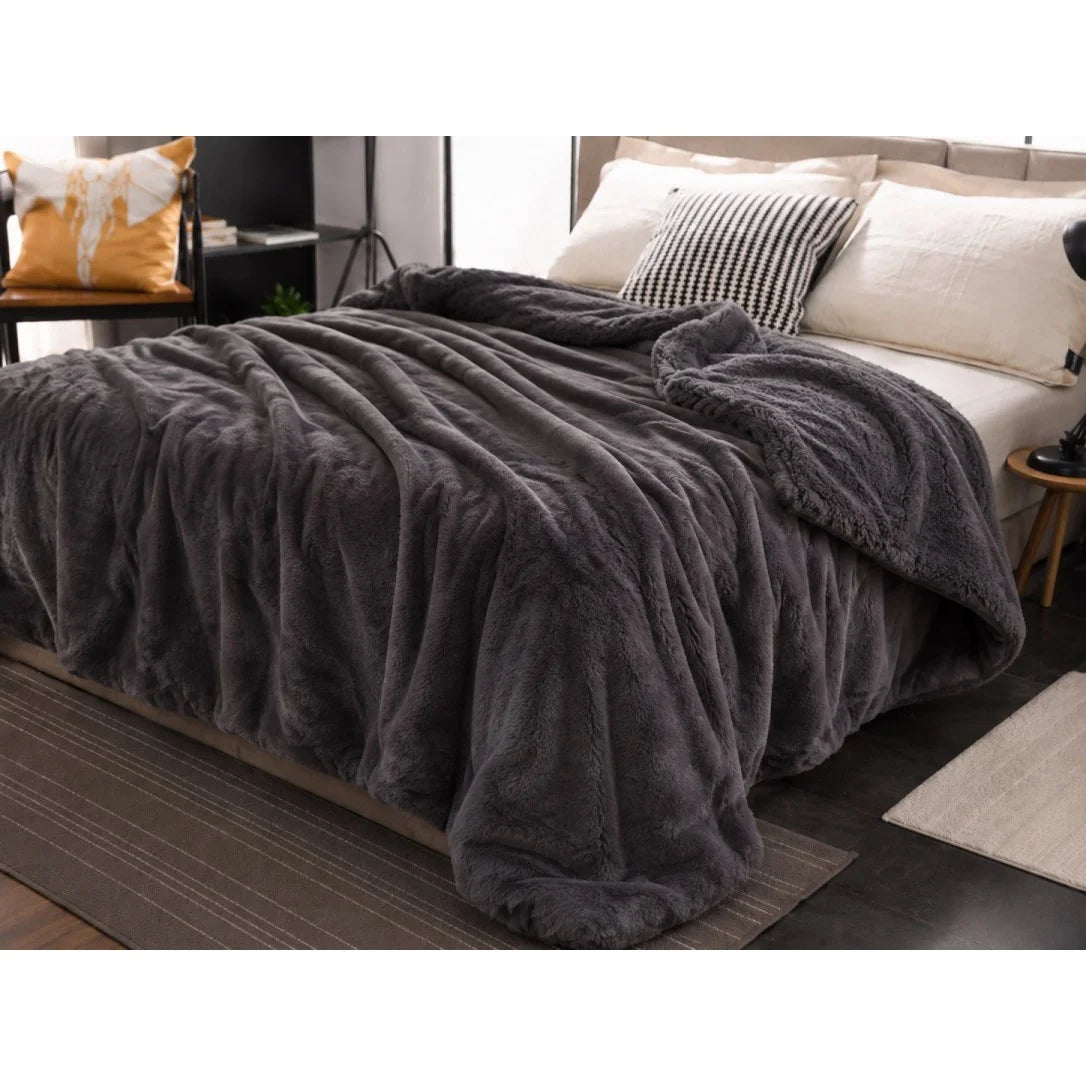 Fur Blanket RABBIT FUR Double 240x220 cm. CHARCOAL KOUB-1518