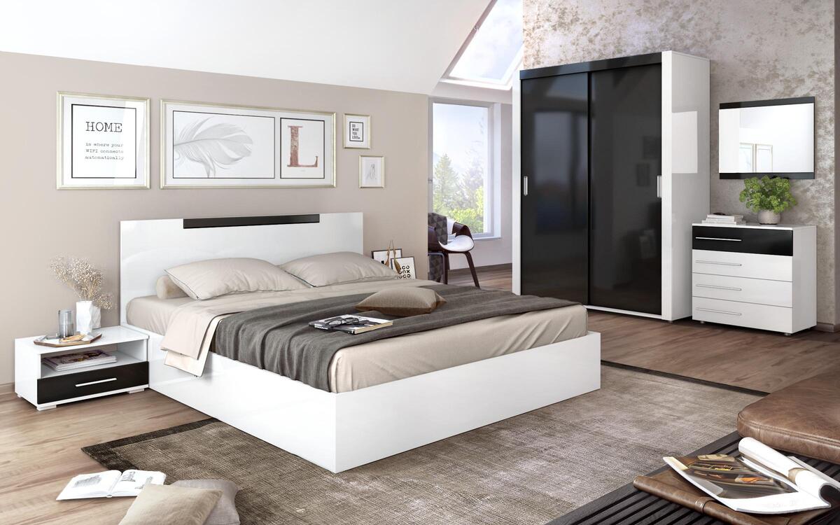Bedroom set Jack 160x200 white glossy + black glossy