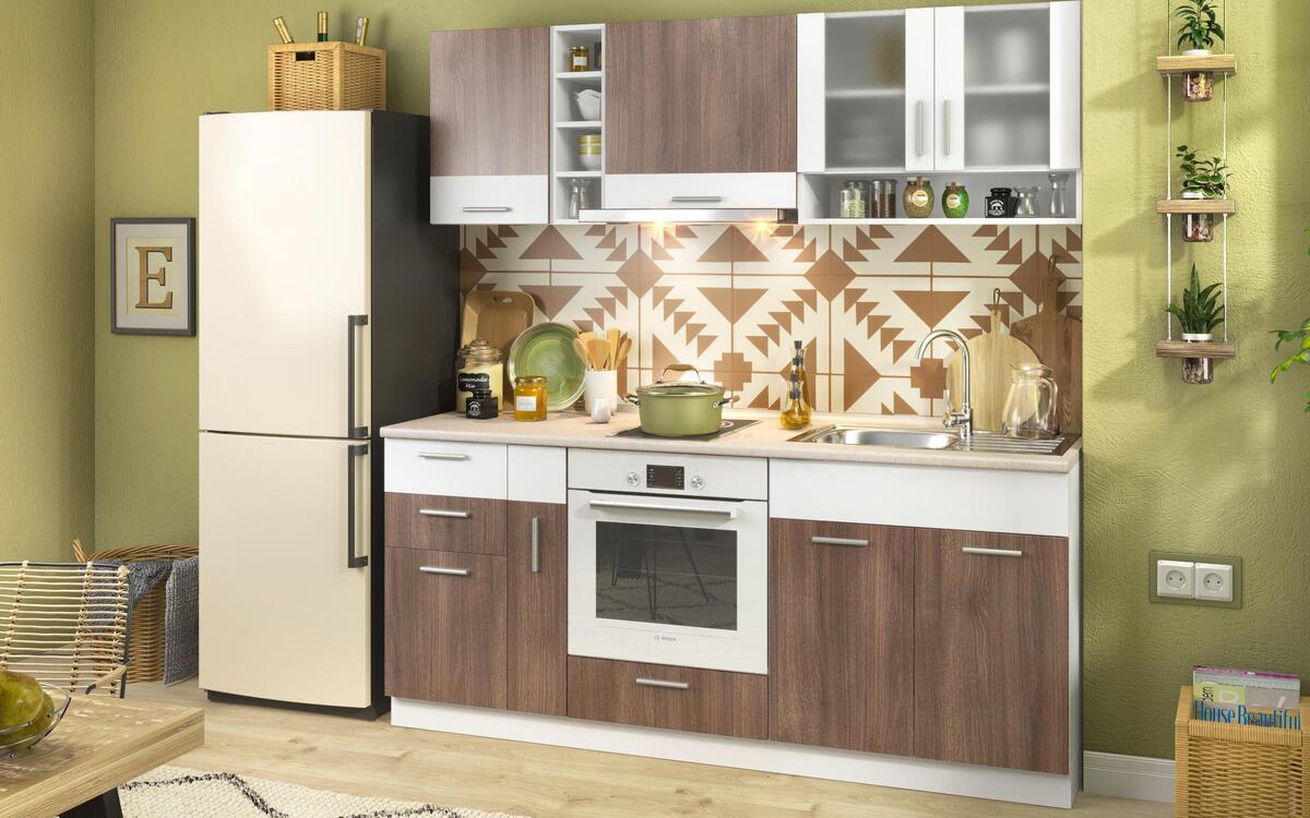 Kitchen set + bottle holder Teriel 2.00m white + cocoa oak