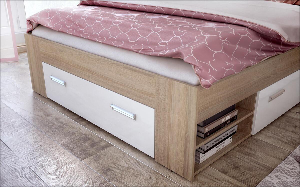 Double bed + drawers Lucas 160x200 oak sonoma + white glossy
