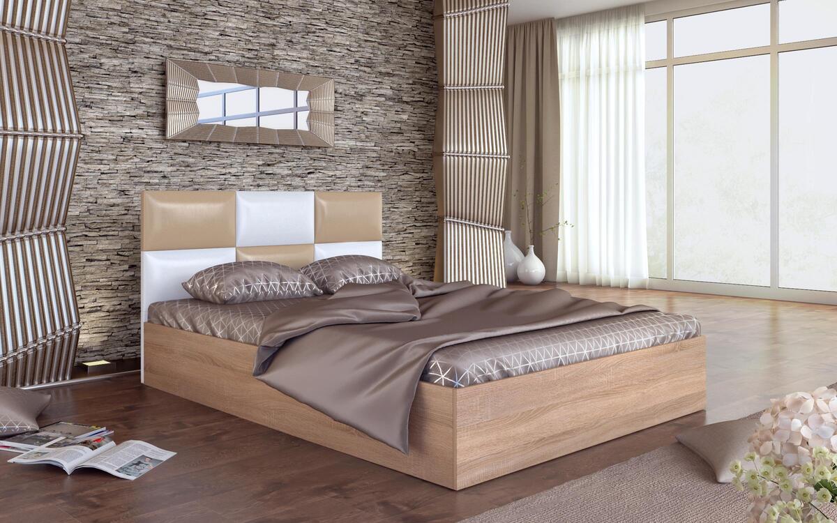 Double bed Mordor 140x200 oak sonoma with beige + white leather