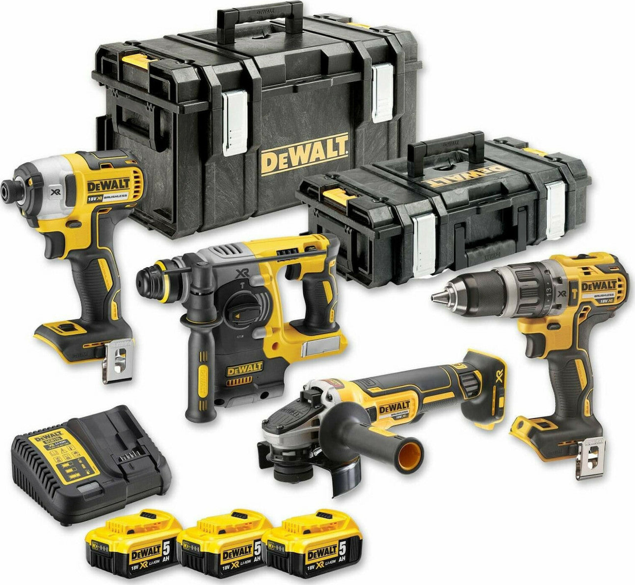 Dewalt Angle Grinder & Drill Driver & Wrench & Impact Driver 18V Set with 3x5.0Ah Batteries and Case DCK422P3