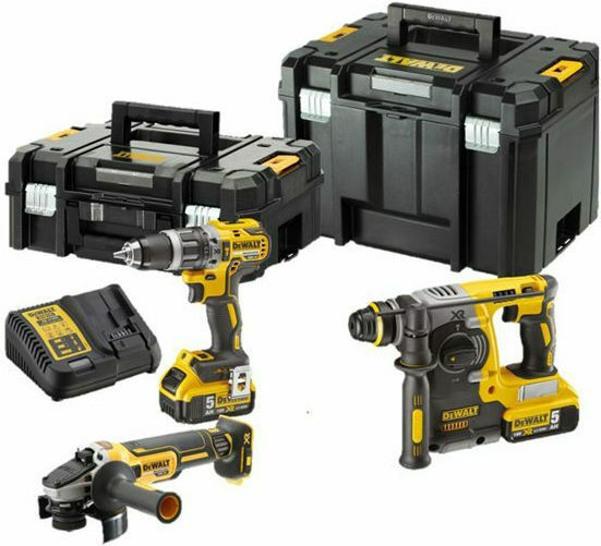 Dewalt 18V Angle Grinder & Impact Drill & Wrench & Gun Set with 3x5Ah Batteries and Case DCK428P3T