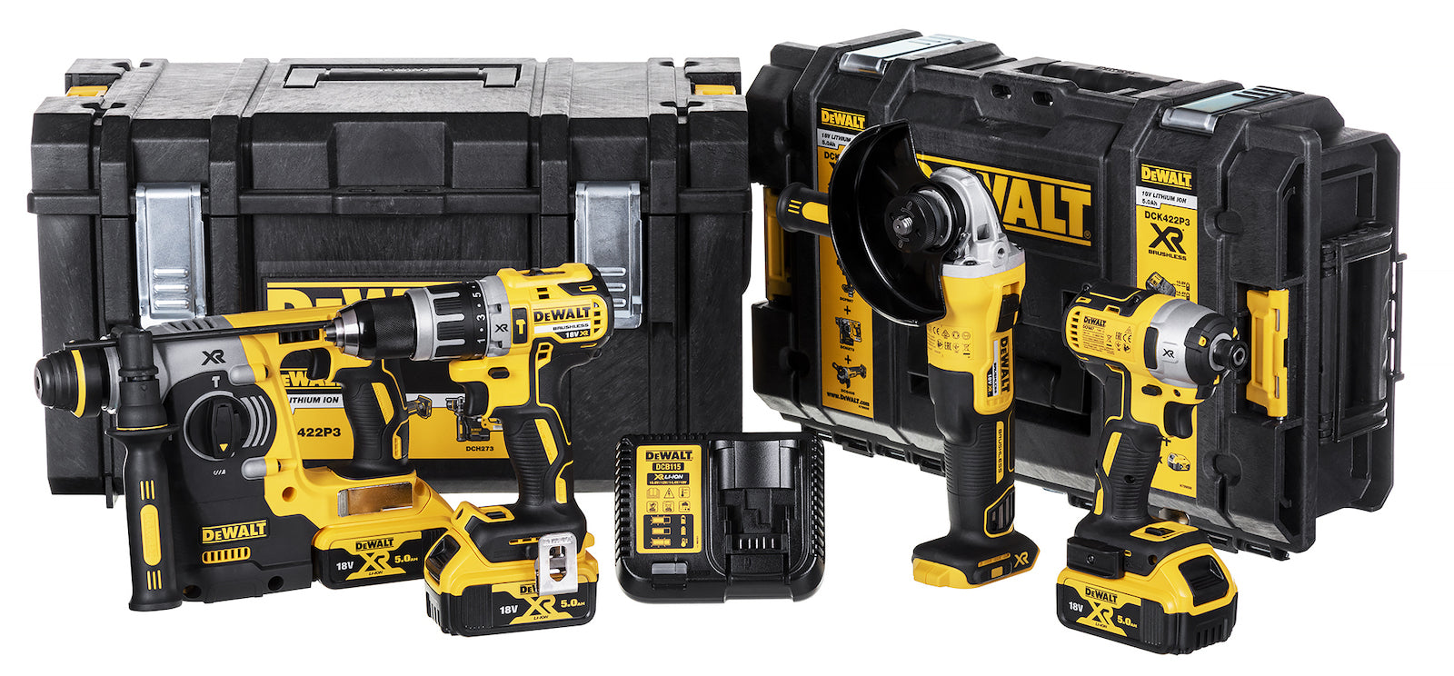 Dewalt Angle Grinder & Drill Driver & Wrench & Impact Driver 18V Set with 3x5.0Ah Batteries and Case DCK422P3
