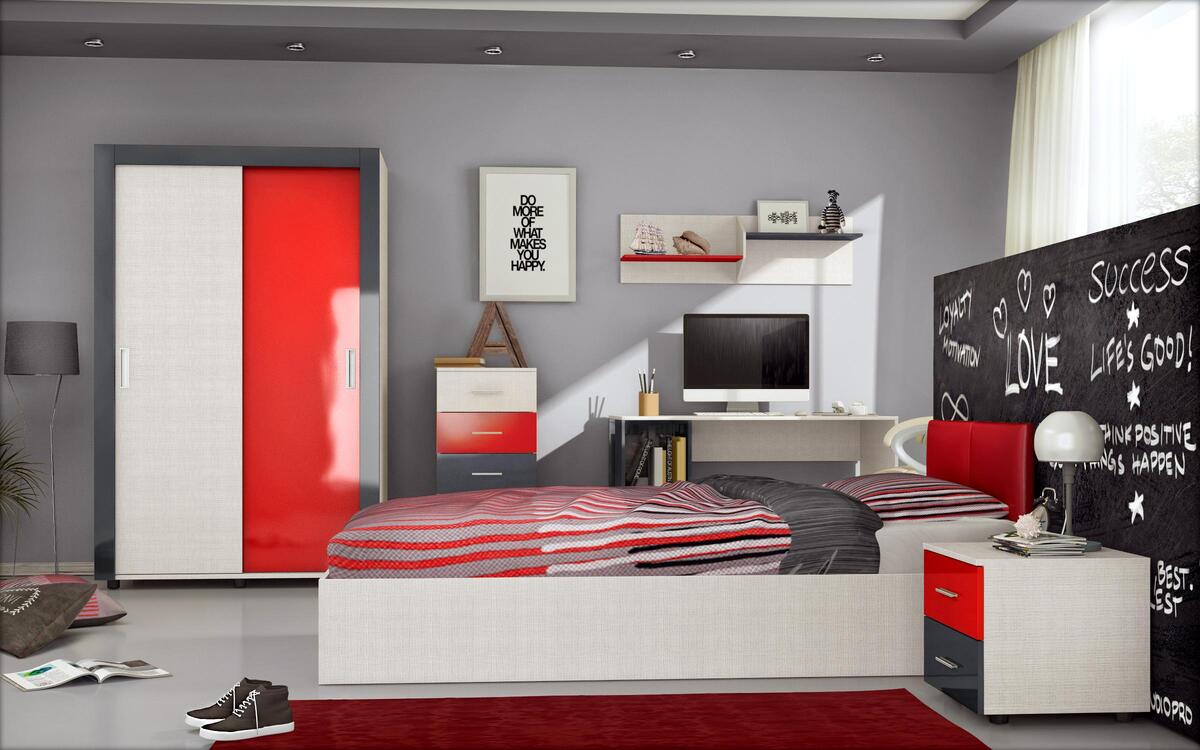 Children's bedroom set Daniel 90x200 light perrier + red glossy + anthracite glossy