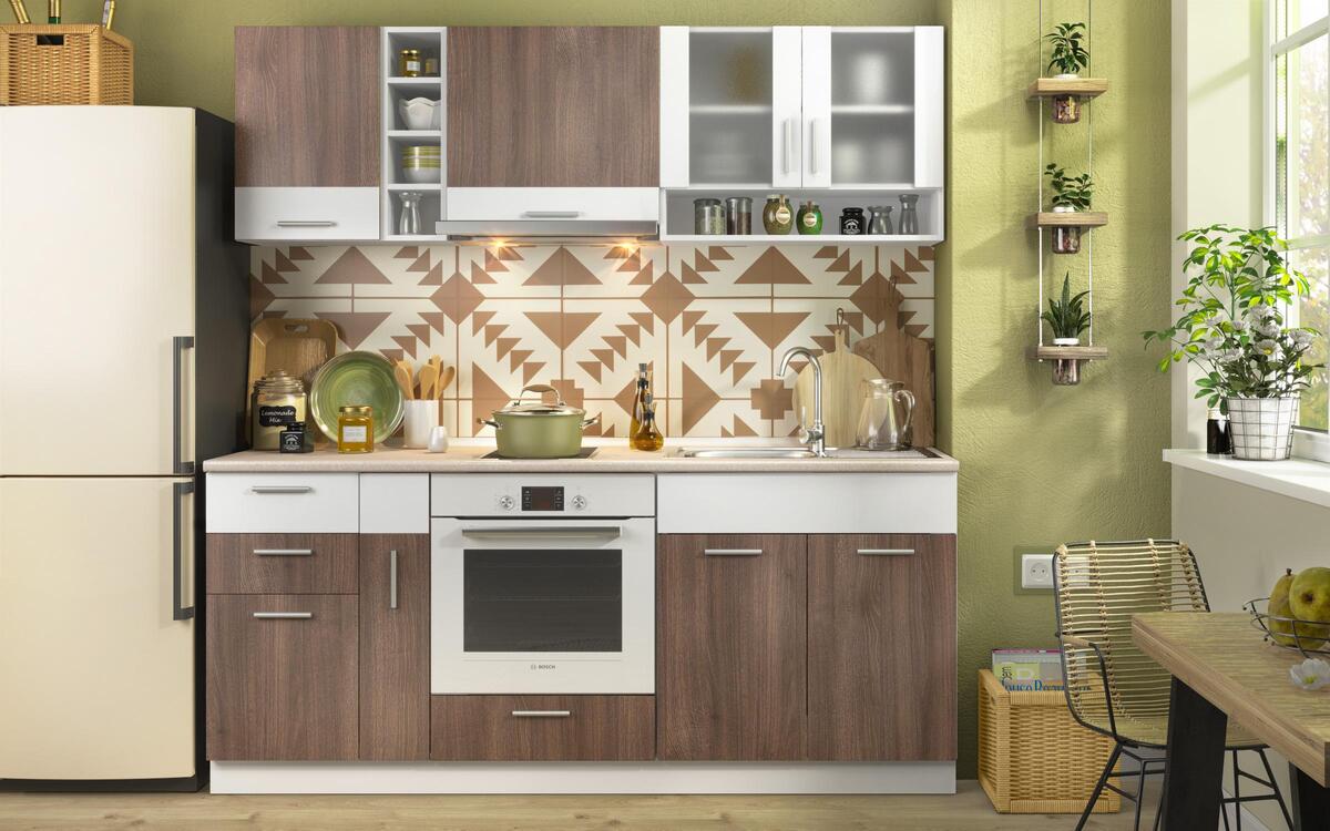Kitchen set + bottle holder Teriel 2.00m white + cocoa oak