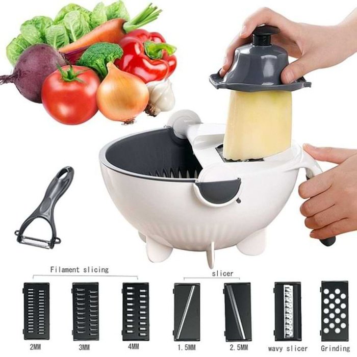 Multi-cutter for vegetables 6 in 1 with a rotating drainage basket