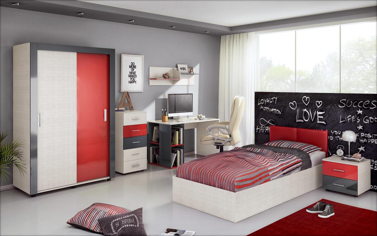 Children's bedroom set Daniel 90x200 light perrier + red glossy + anthracite glossy