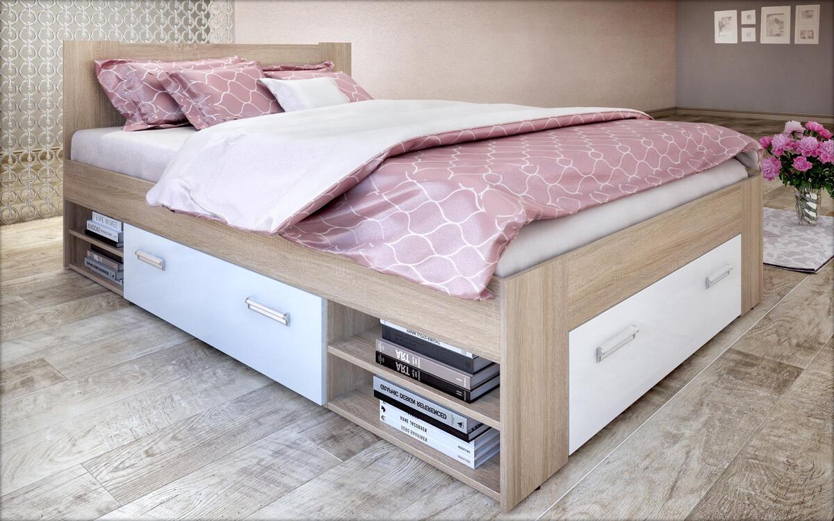 Double bed + drawers Lucas 160x200 oak sonoma + white glossy