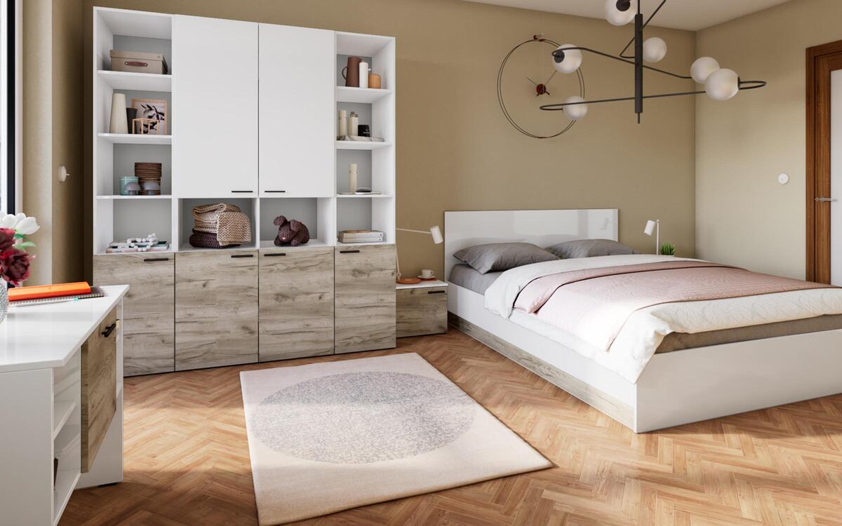 Bedroom set Kalten 160x200 oak kraft grey + white glossy