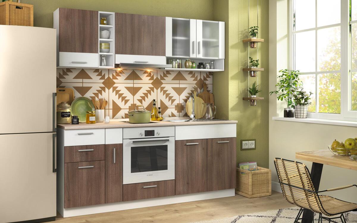 Kitchen set + bottle holder Teriel 2.00m white + cocoa oak