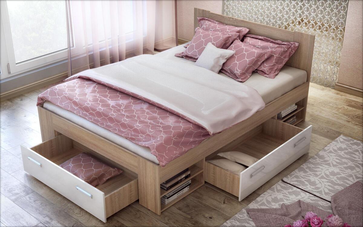 Double bed + drawers Lucas 160x200 oak sonoma + white glossy