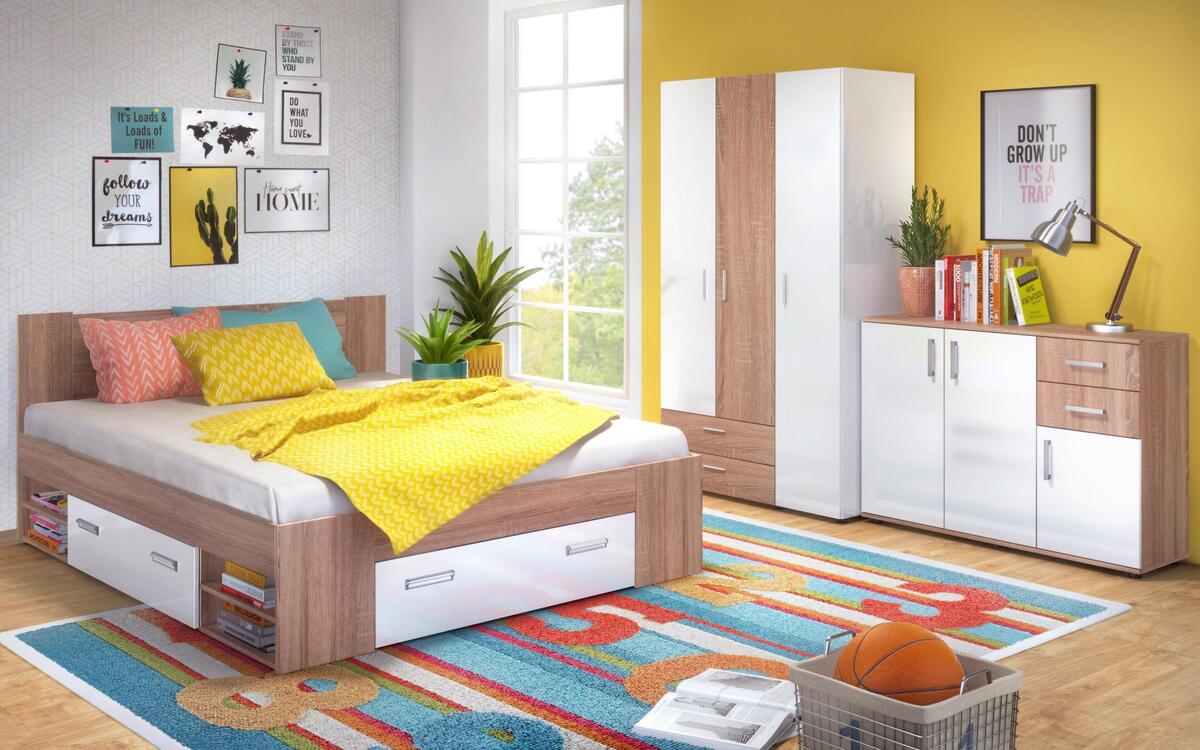 Double bed + drawers Lucas 140x200 oak sonoma + white glossy
