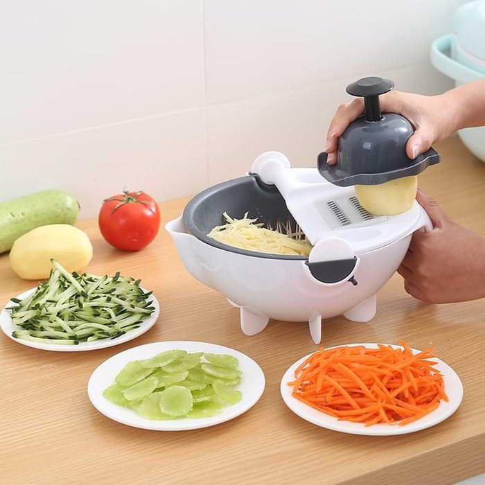 Multi-cutter for vegetables 6 in 1 with a rotating drainage basket