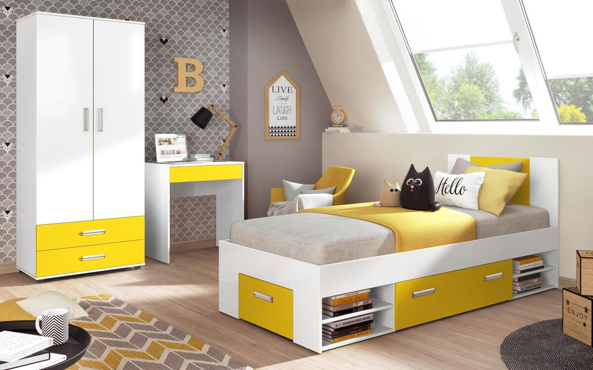 Children's bedroom set Michel 90x200 white glossy + yellow sagre
