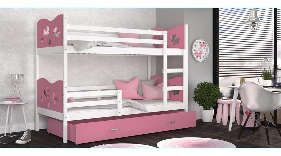 Children's bunk bed + mattresses Gigi 80x190 white + pink