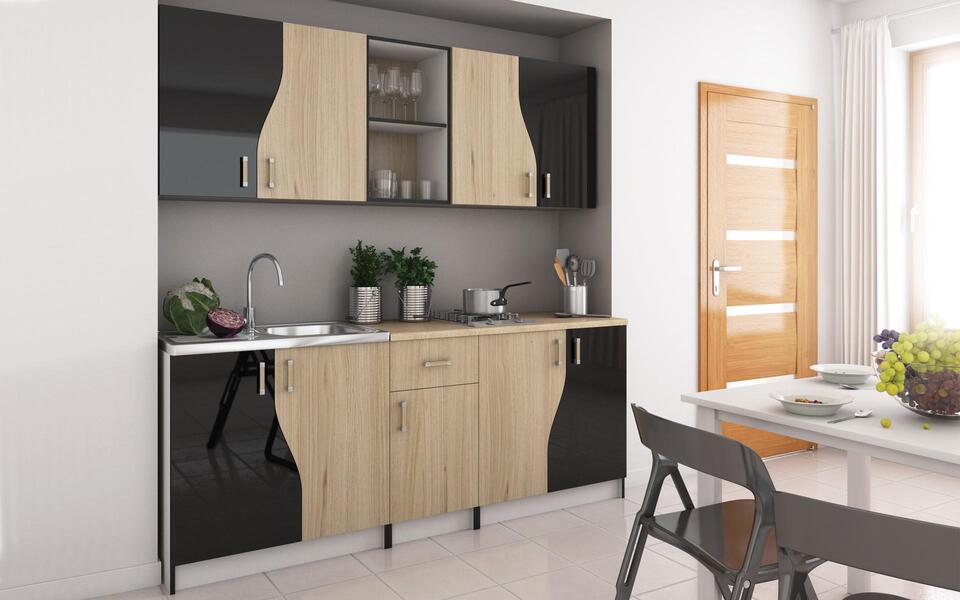 Kitchen composition Slint 2.00m white + Sonoma oak + black gloss