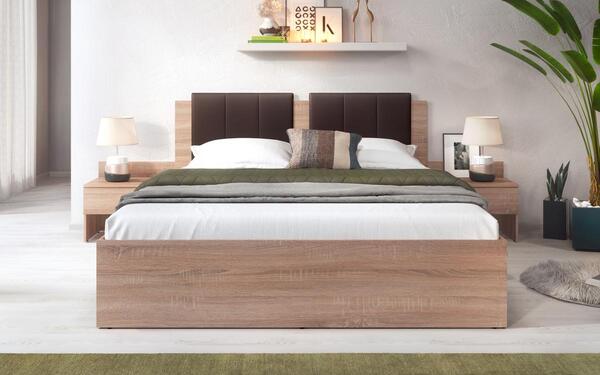 Double bed + 2 bedside tables Twix 160x200 oak sonoma + brown skin