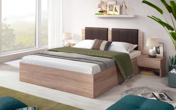Double bed + 2 bedside tables Twix 160x200 oak sonoma + brown skin
