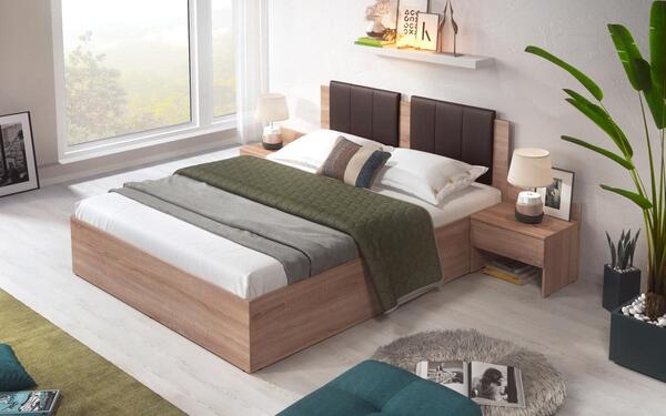 Double bed + 2 bedside tables Twix 160x200 oak sonoma + brown skin
