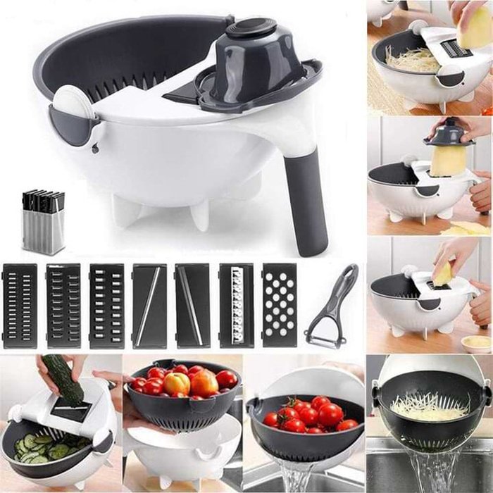 Multi-cutter for vegetables 6 in 1 with a rotating drainage basket