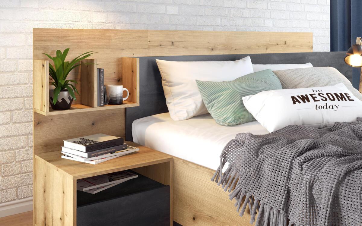 Double bed + 2 bedside tables Zola 160x200 oak evok + magma