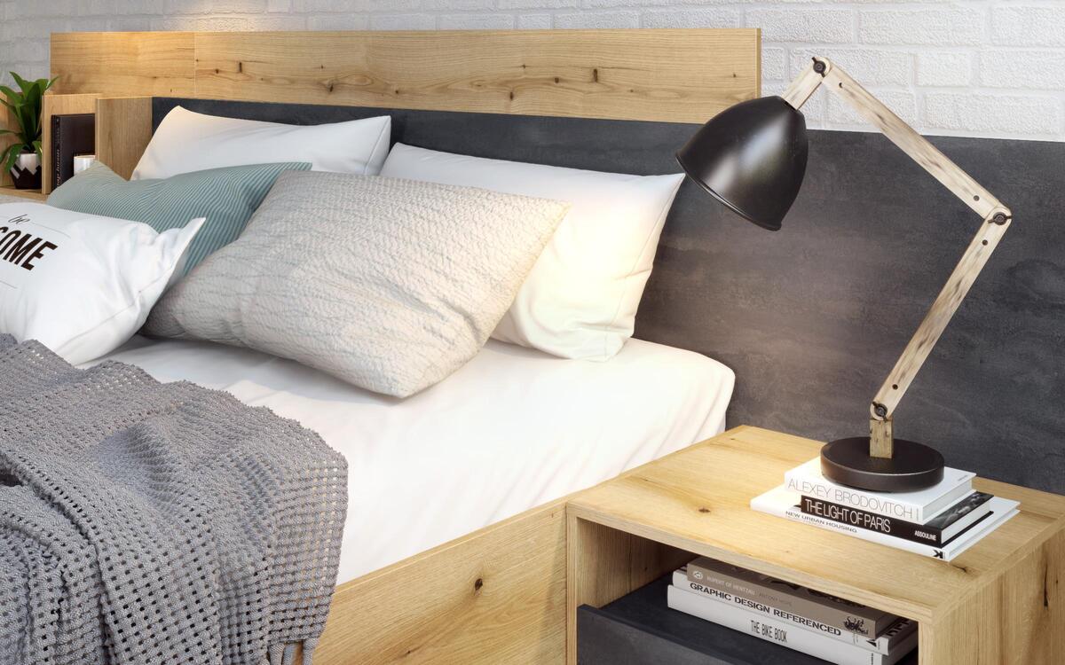 Double bed + 2 bedside tables Zola 160x200 oak evok + magma