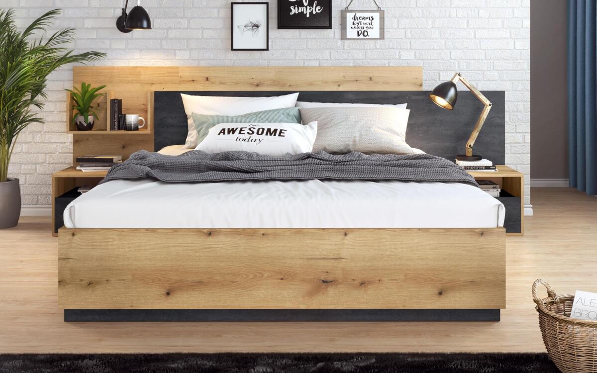 Double bed + 2 bedside tables Zola 160x200 oak evok + magma