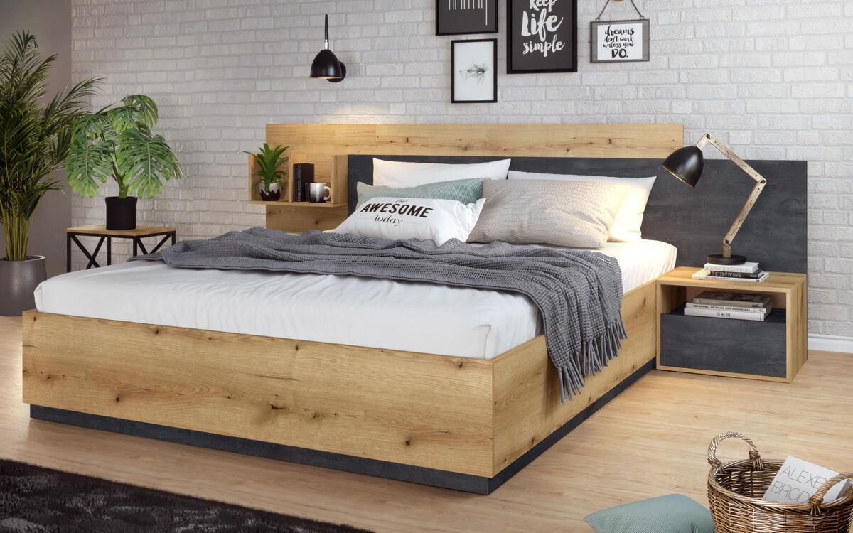 Double bed + 2 bedside tables Zola 160x200 oak evok + magma