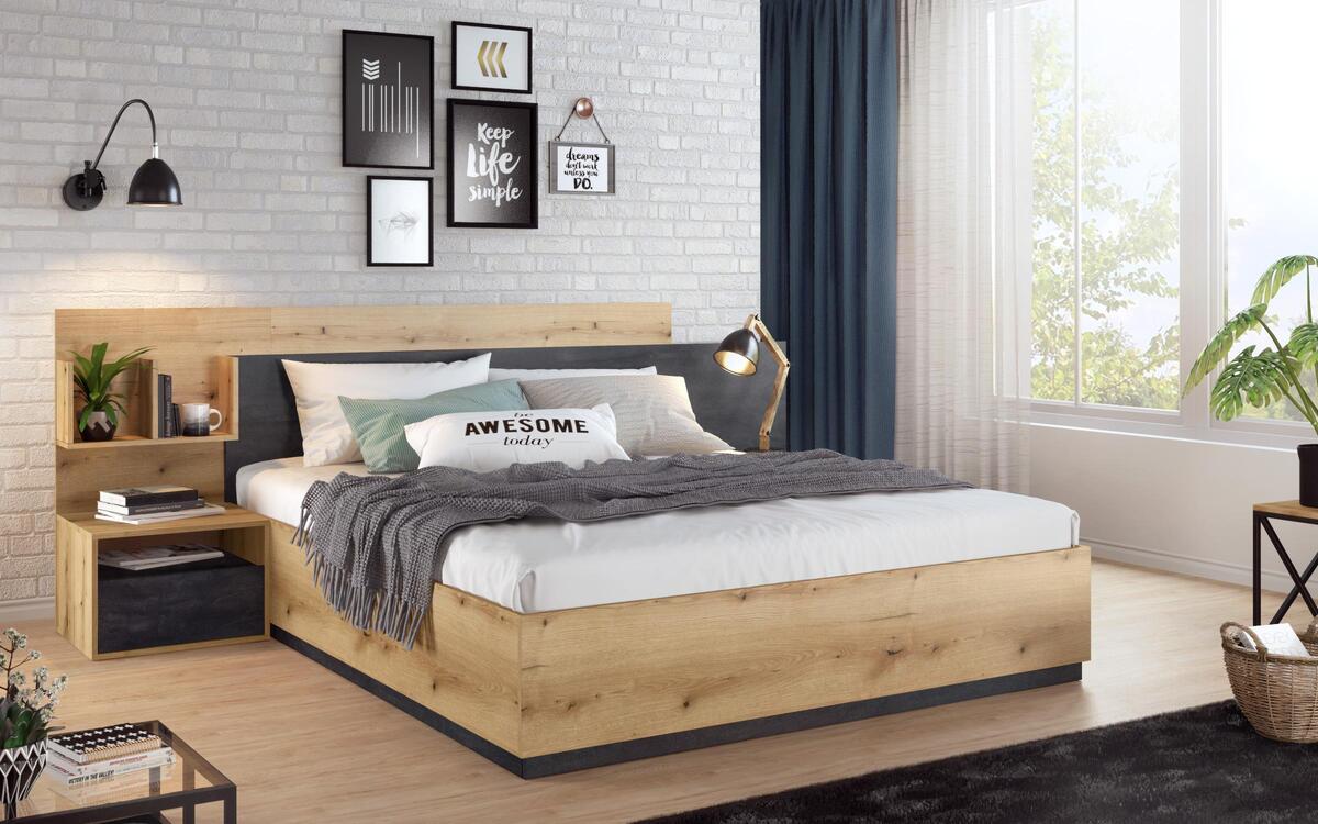 Double bed + 2 bedside tables Zola 160x200 oak evok + magma