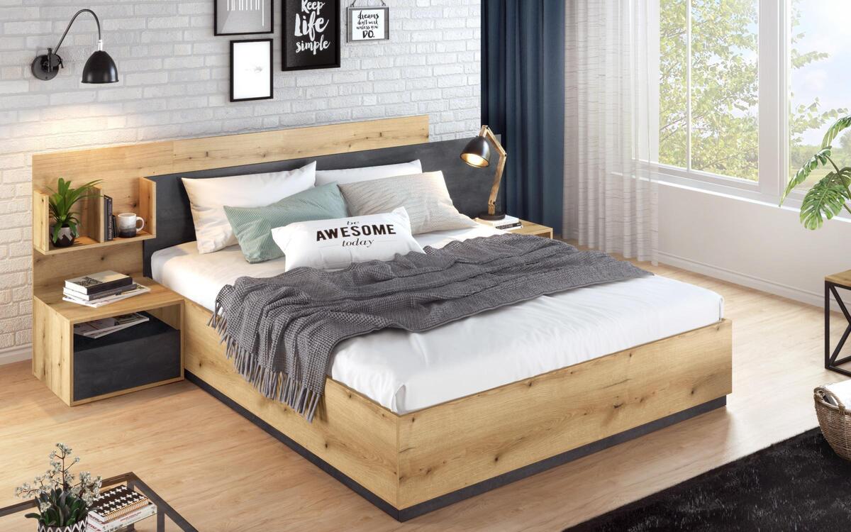Double bed + 2 bedside tables Zola 160x200 oak evok + magma